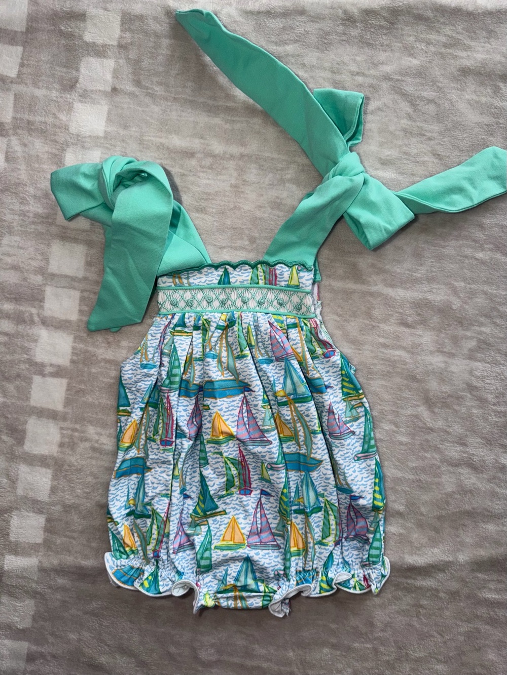 Girls' Sailboat Bubble Romper with Mint Shoulder Ties